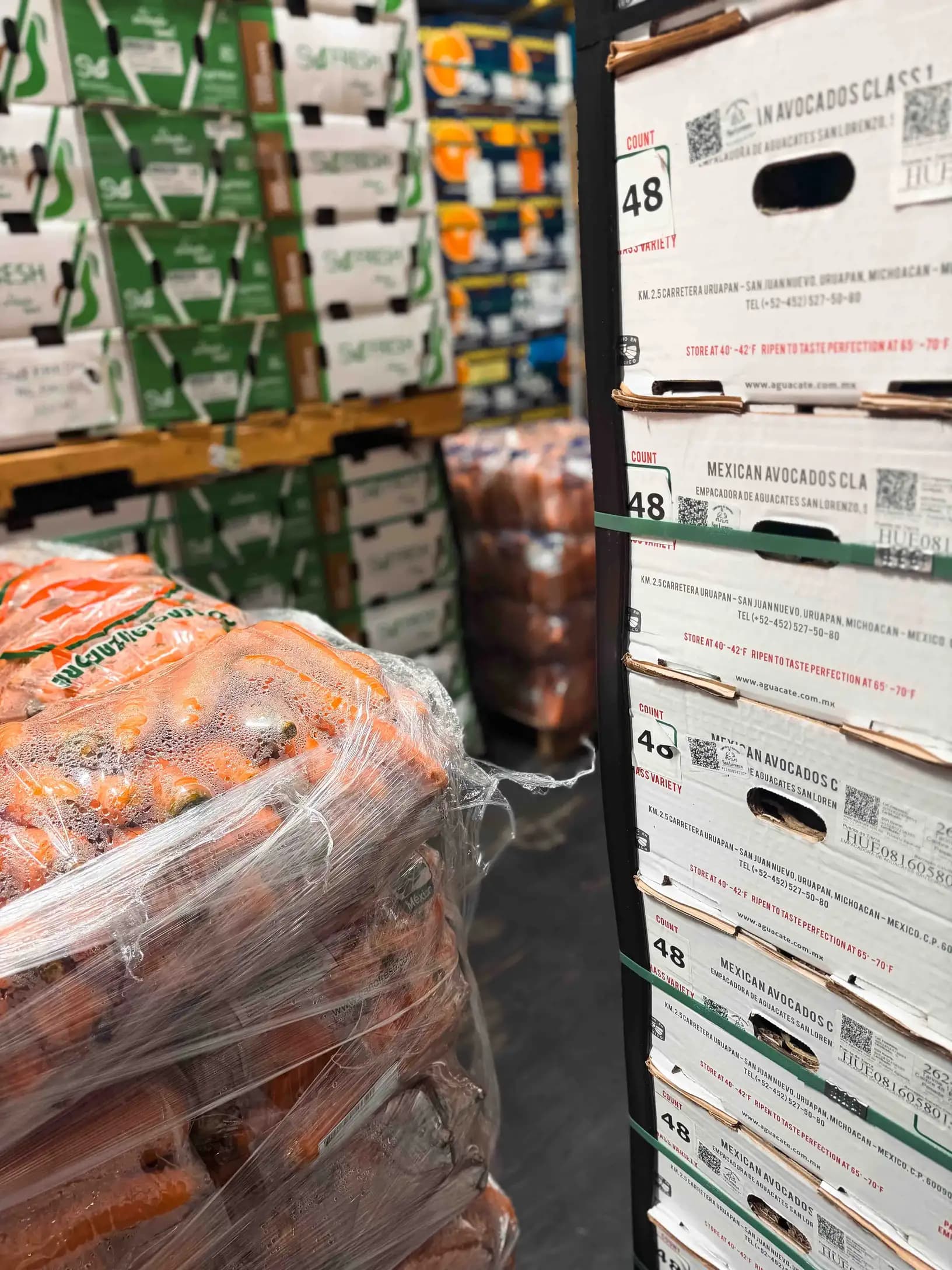 Produce staged in the warehouse for shipment